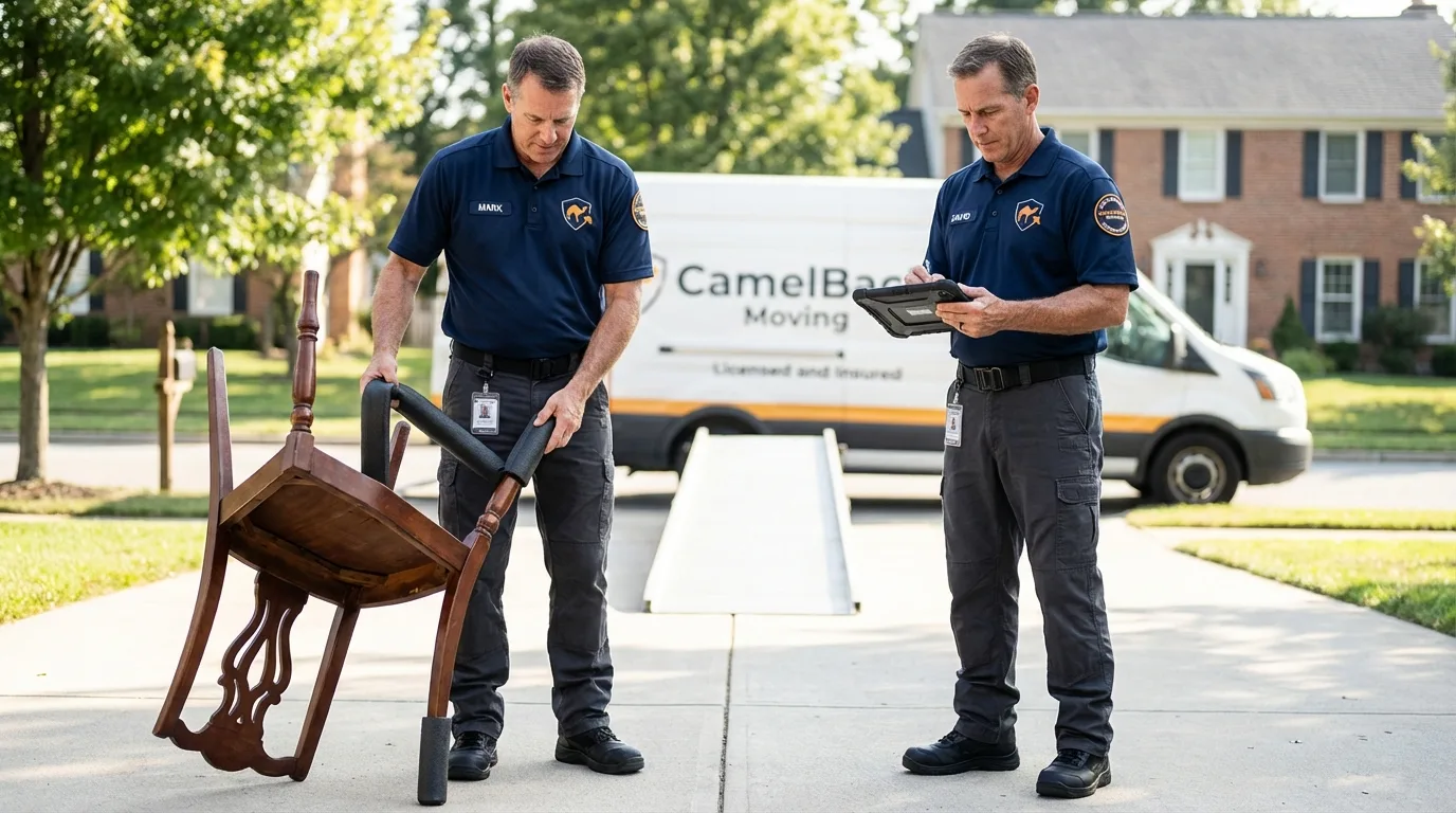 Movers inspecting furniture for damage prevention before loading in Camp Verde, AZ